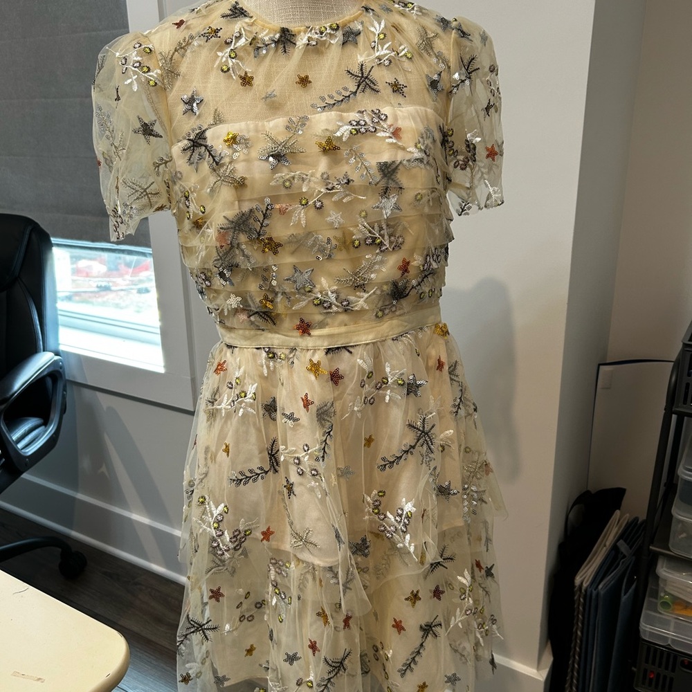 Self-Portrait Cream sequins and embroidery Midi dress  with Flutter Sleeves
